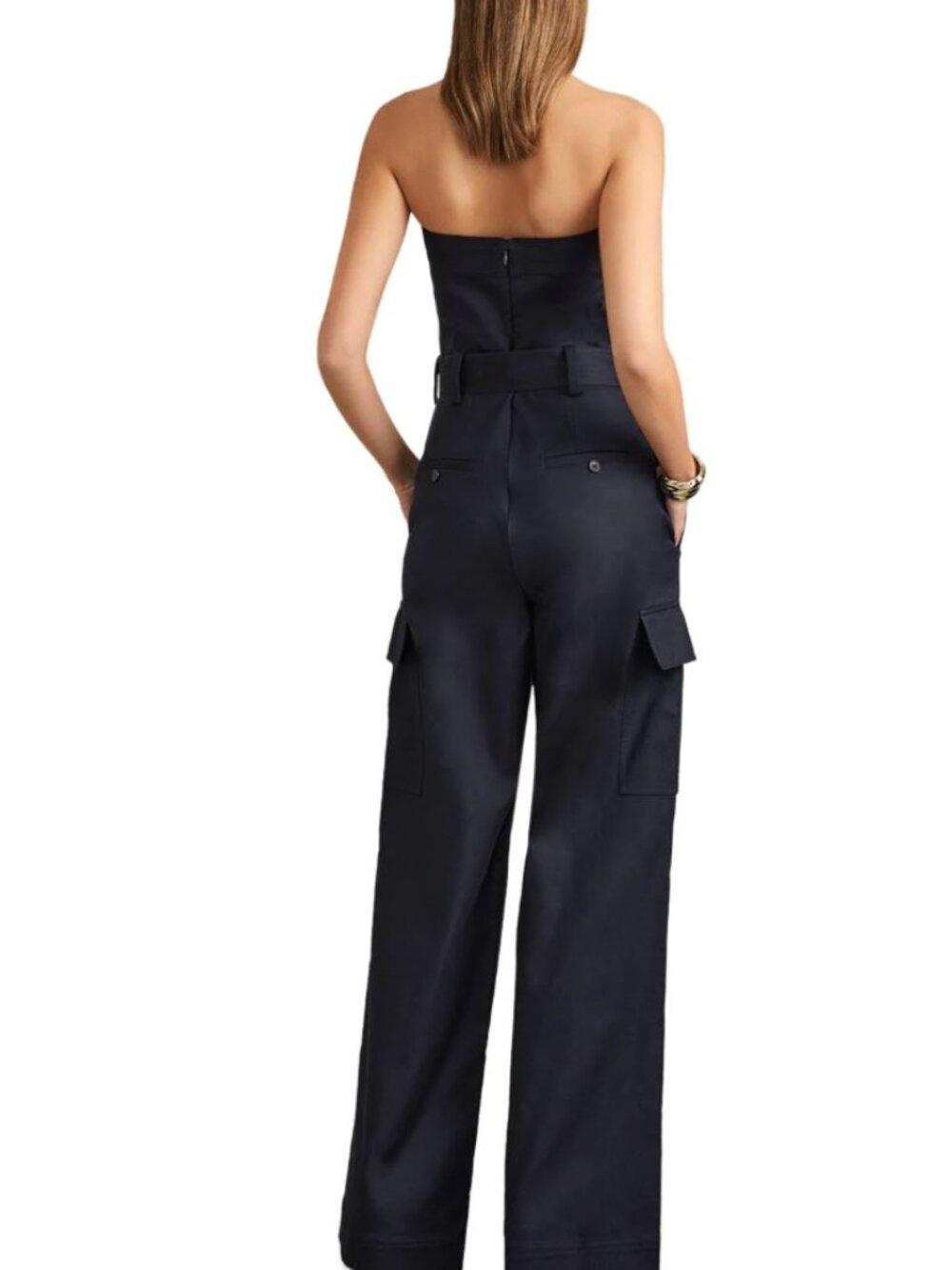 REISS Navy Lois Bandeau Belted Wide Leg Jumpsuit Size US 4 / UK 8 - Picture 3 of 16